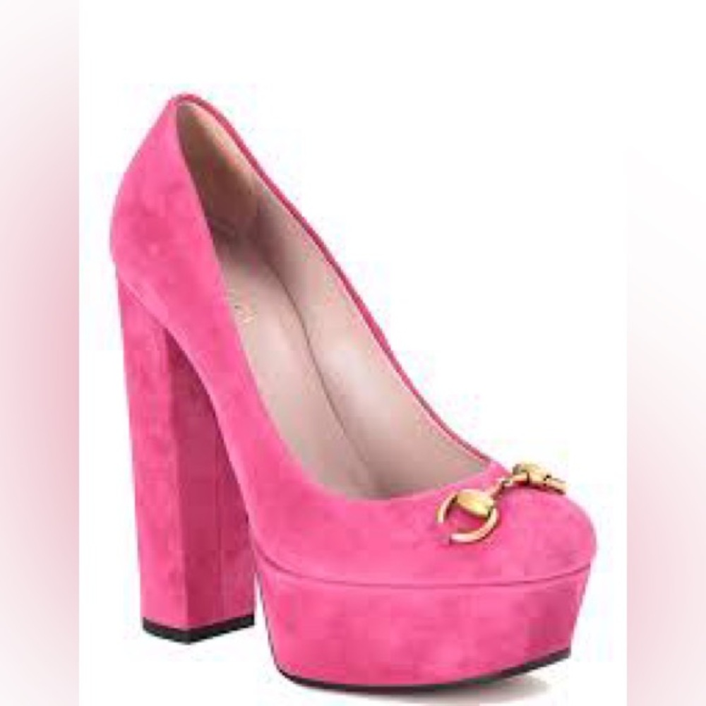 Gucci Pink Suede Horsebit Platform Pumps